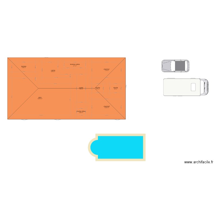 distrubition. Plan de 10 pièces et 105 m2