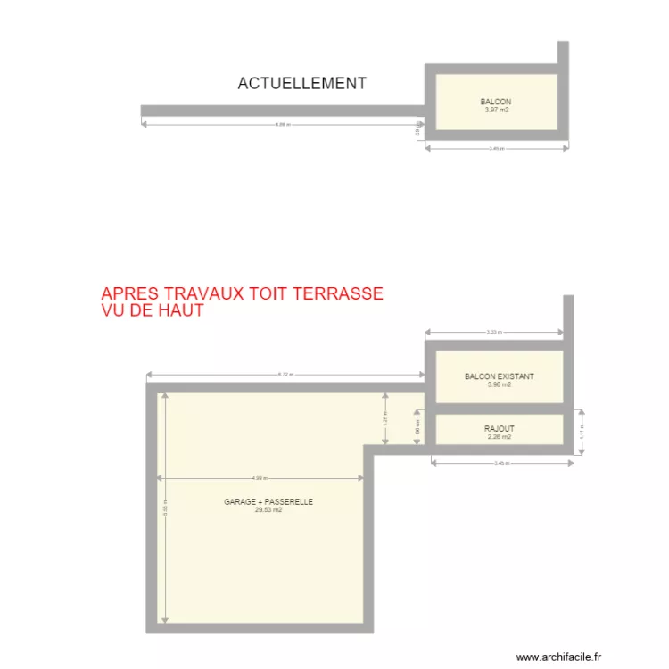 projet toit terrasse avec prolongation et rajout balcon. Plan de 