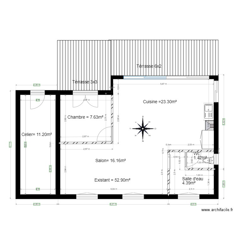 Existant                  bon     Richard chalet 32. Plan de 2 pièces et 63 m2