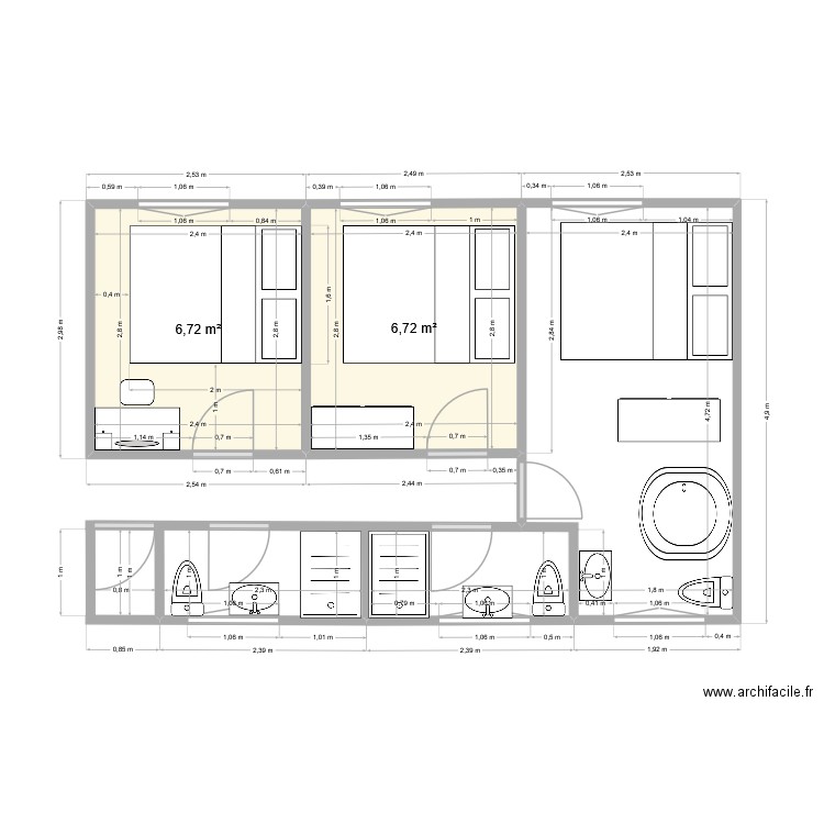 nouvelle péniche. Plan de 2 pièces et 13 m2