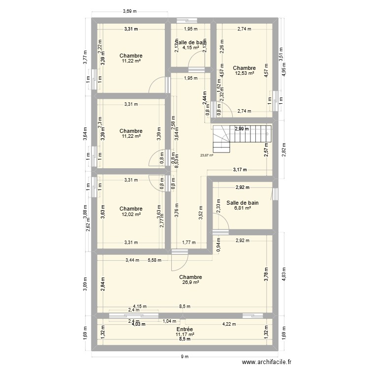 Etage Nouveau 11.26*9 cm=101,34. Plan de 9 pièces et 120 m2