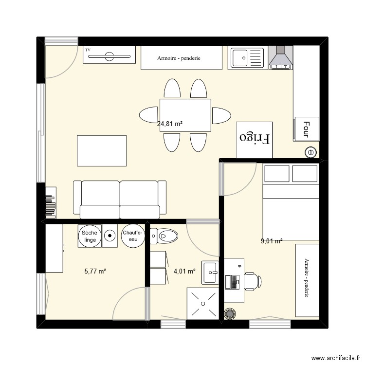 Appartement 45m2. Plan de 4 pièces et 44 m2