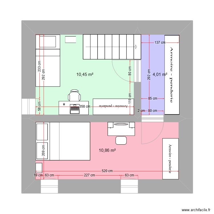 1er aménagé maison Cité Henri. Plan de 3 pièces et 25 m2