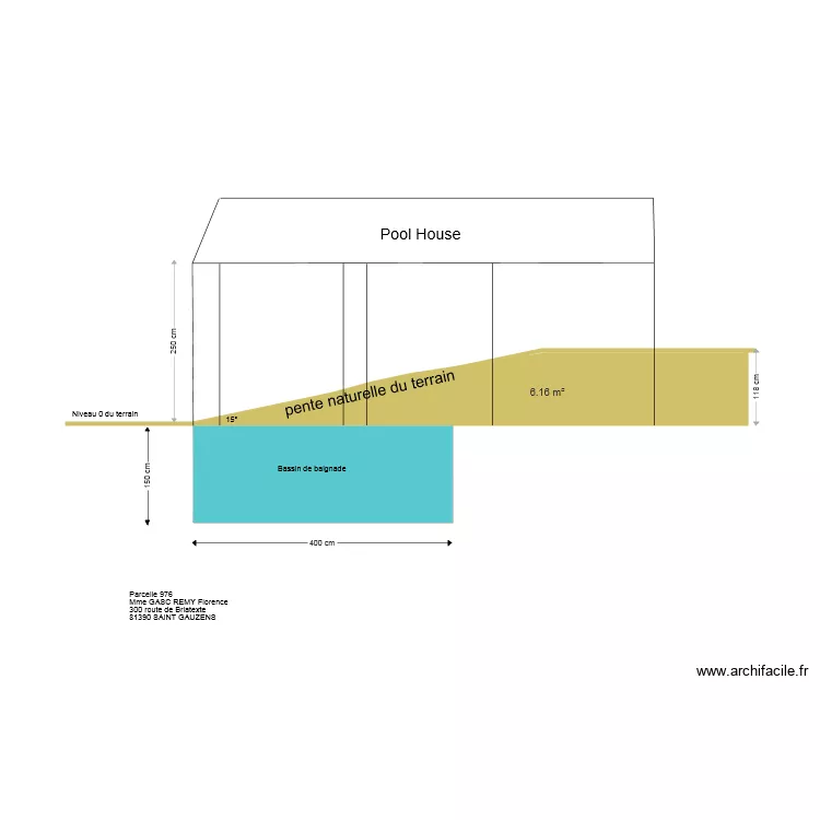 Int&eacute;gration dans le terrain POOL HOUSE. Plan de 