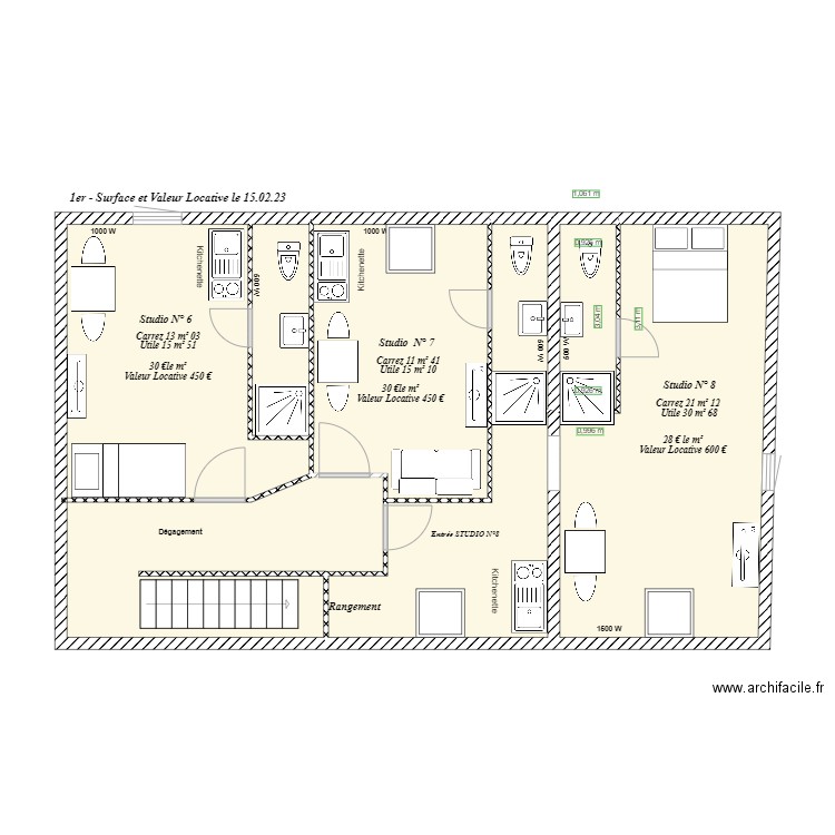 1er - Surface et Valeur Locative le 15.02.23. Plan de 7 pièces et 74 m2