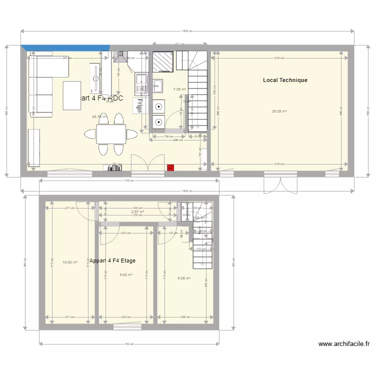 pierre de bresse Le moulin Appart 3 F4 RDC et Etage. Plan de 
