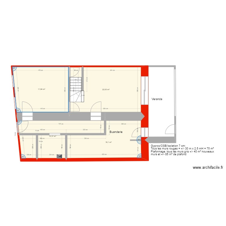 Rez-de-chaussée maison. Plan de 4 pièces et 72 m2