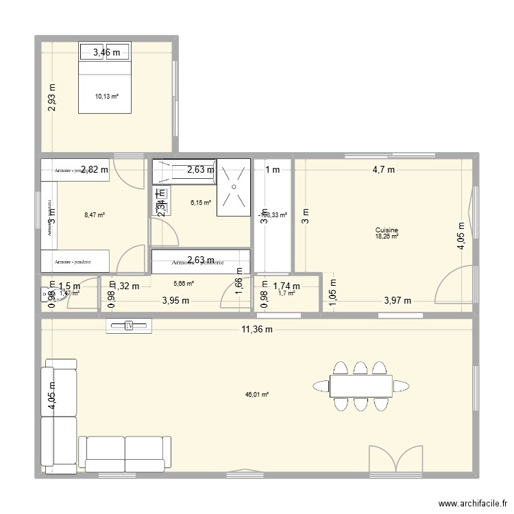 ETAGE avec extension. Plan de 9 pièces et 101 m2