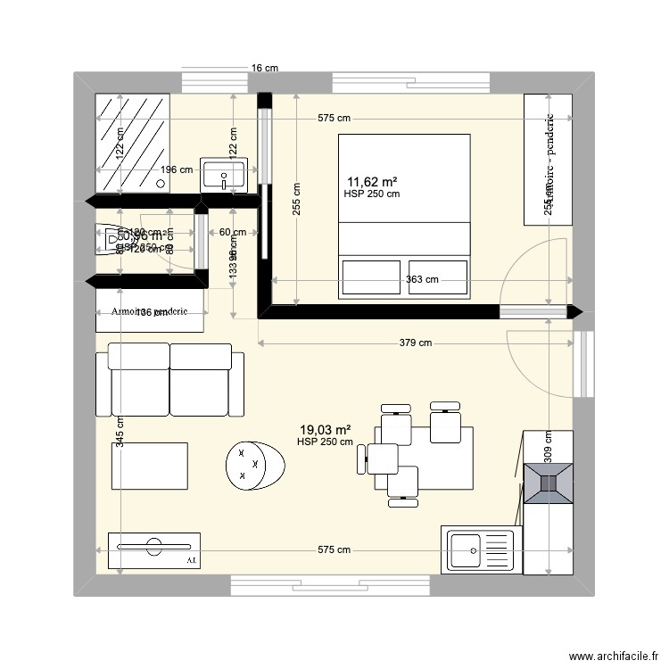 extension C 2. Plan de 3 pièces et 32 m2