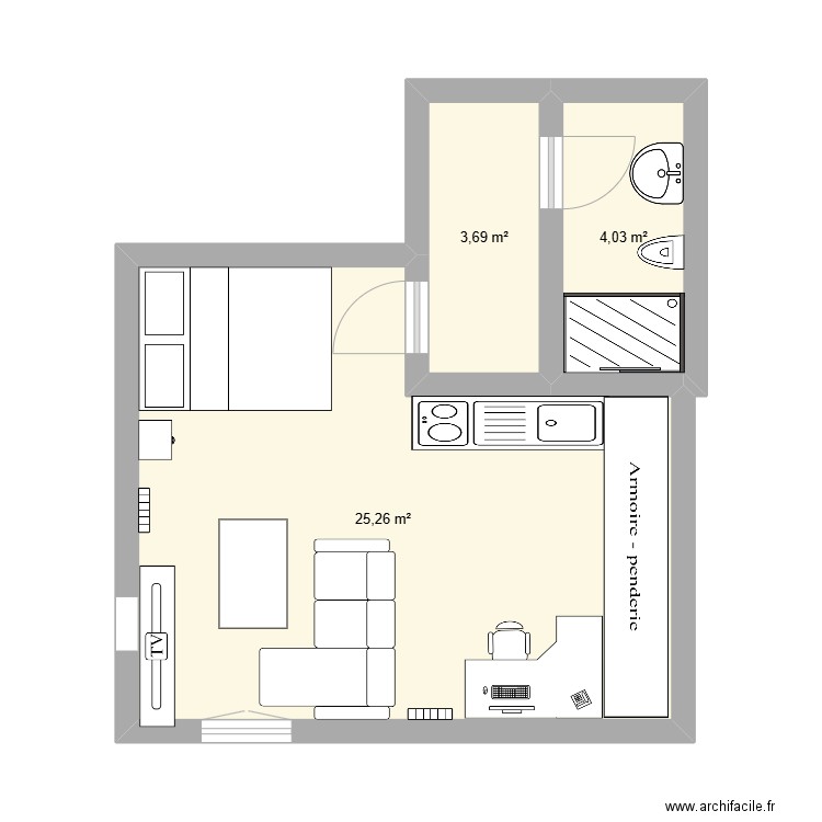 studio. Plan de 3 pièces et 33 m2