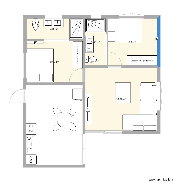bungalow 2 chambres bis. Plan de 0 pièce et 0 m2