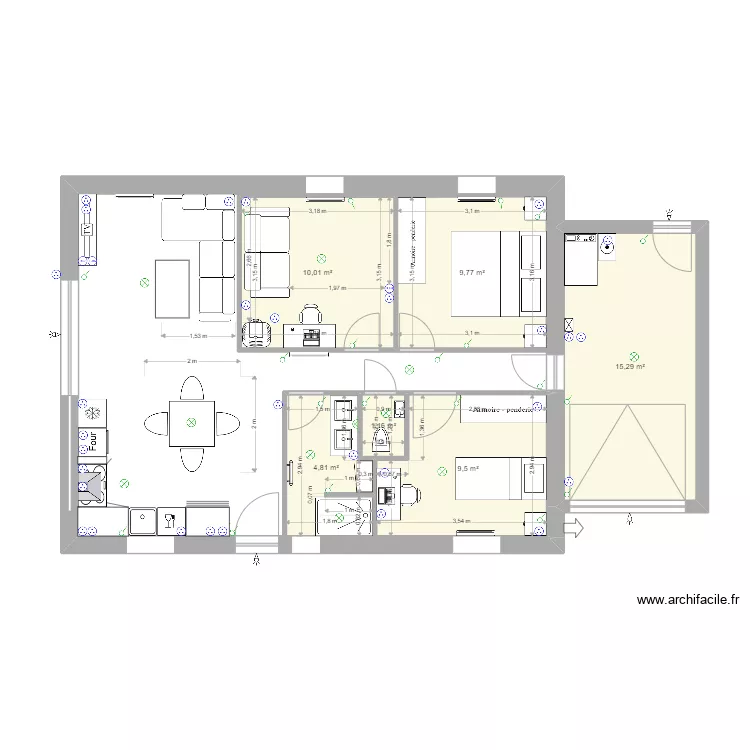plan avec &eacute;lectricit&eacute; canap&eacute; &agrave; droite et 2 chambres adultes ou enfants. Plan de 