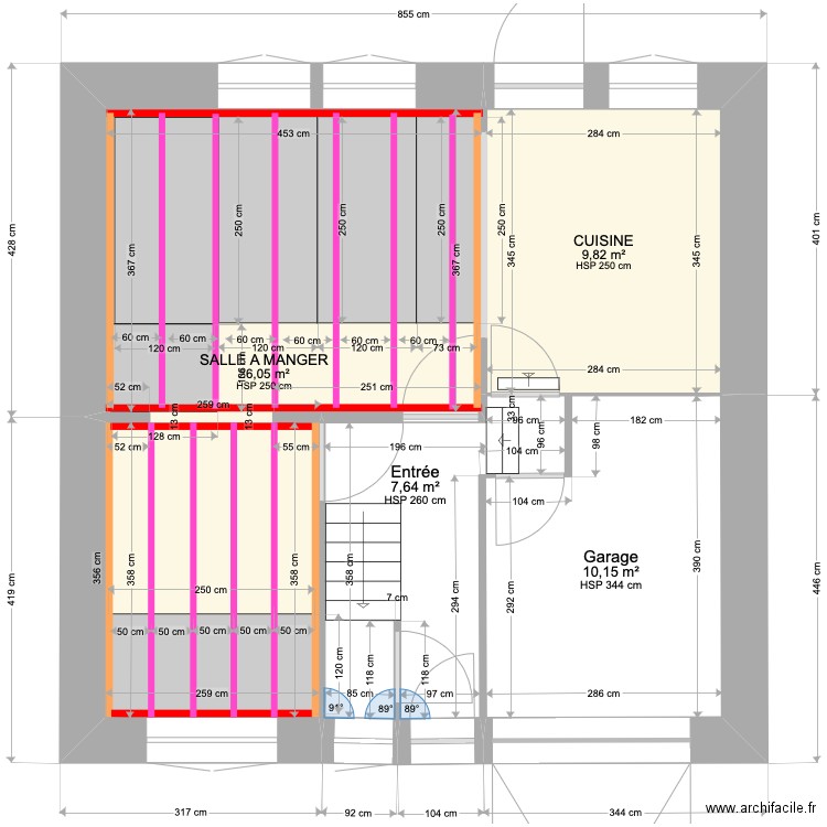 maison Douarnenez Rez de Chaussée plafond. Plan de 4 pièces et 54 m2