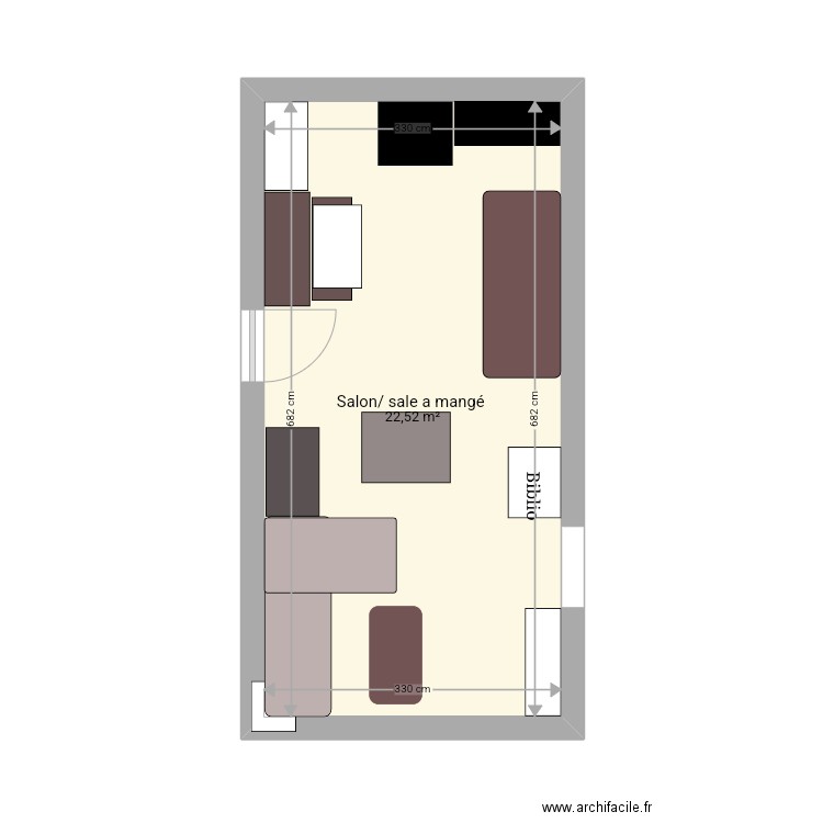 Maisonnette salon/sale a manger. Plan de 1 pièce et 23 m2