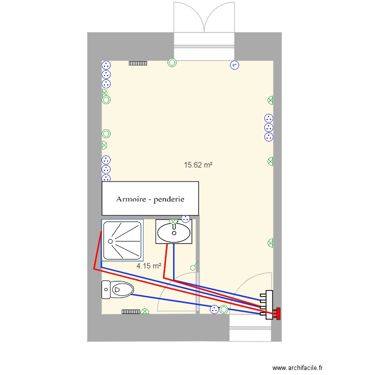 chambres 7 RDC plomberie. Plan de 2 pièces et 20 m2