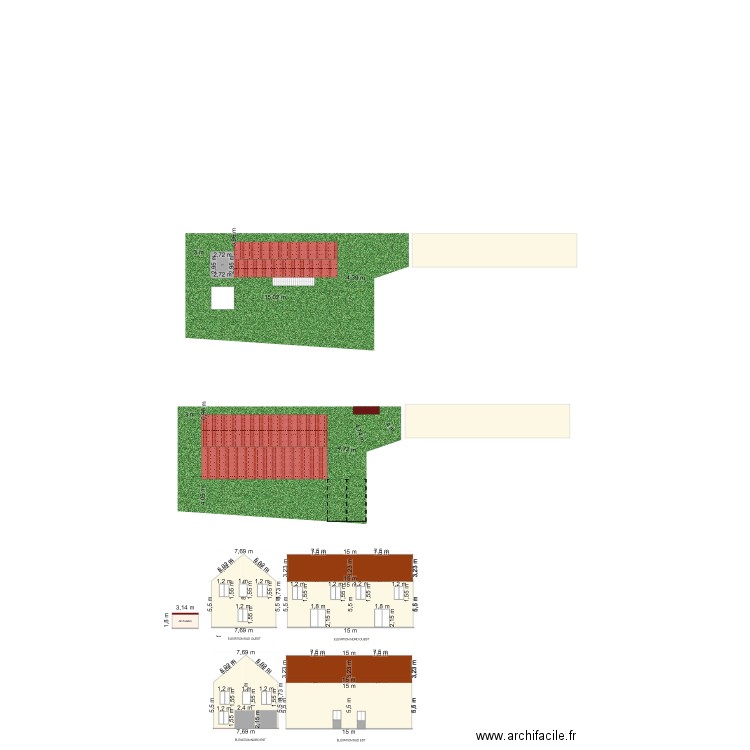 Coupes et façades. Plan de 1 pièce et 8 m2