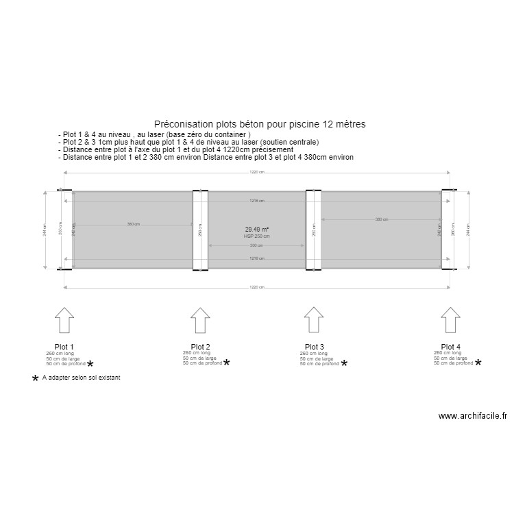 Plan plot beton piscine 12 metres . Plan de 1 pièce et 29 m2