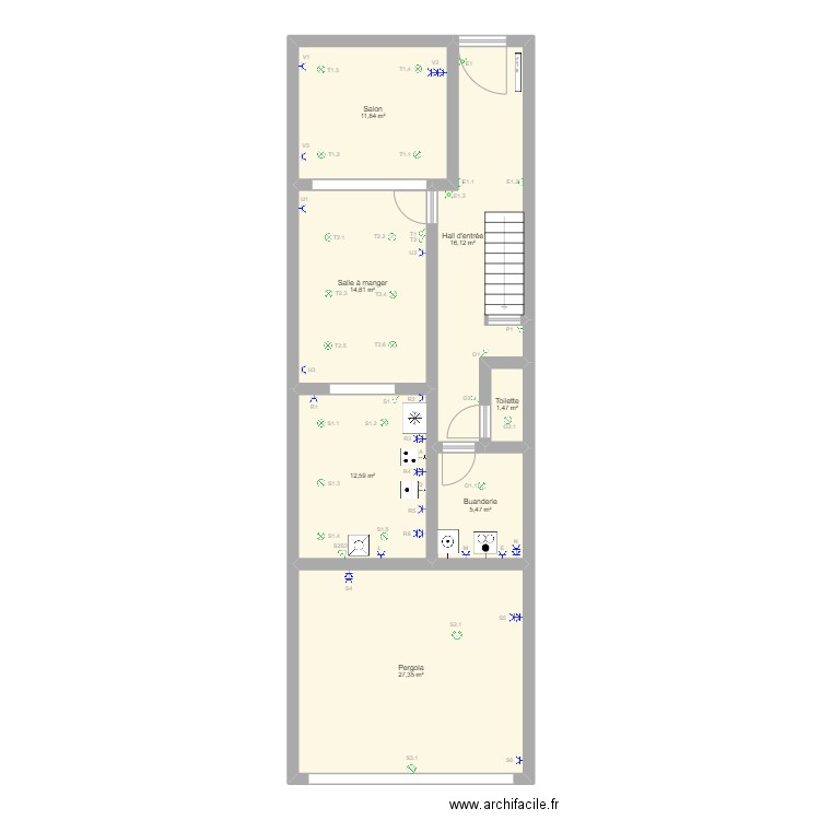 Rez Mandy. Plan de 7 pièces et 90 m2