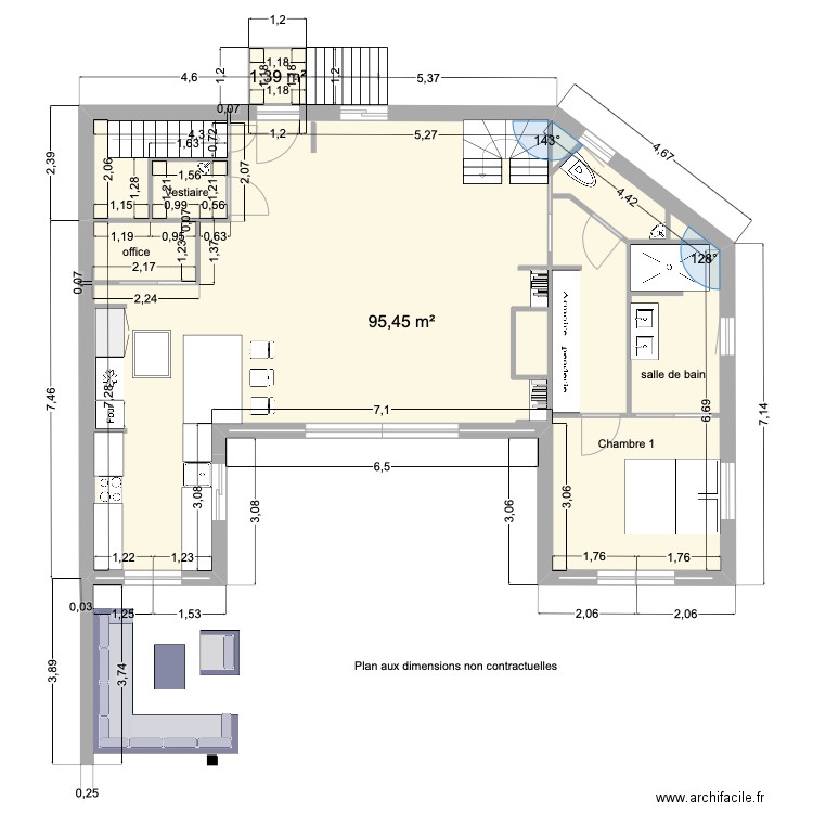 rez de chaussée 1. Plan de 2 pièces et 97 m2