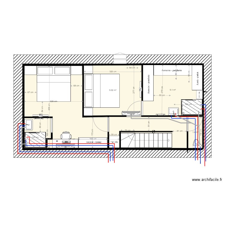 Maison etage  futur version  3 plomberie. Plan de 5 pièces et 44 m2