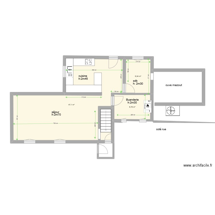 plan rdc v. Plan de 3 pièces et 60 m2