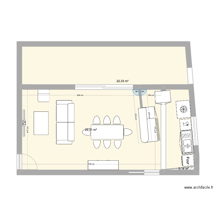 Cuisine mur biais. Plan de 3 pièces et 52 m2