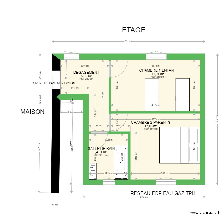 extension 2 chambres. Plan de 4 pièces et 33 m2