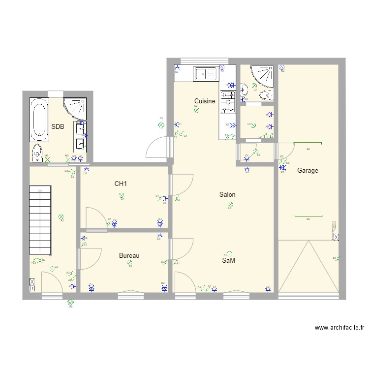 REZ DE CHAUSSEE. Plan de 9 pièces et 81 m2