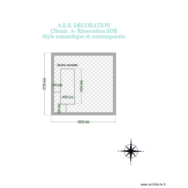 Mur II en céramique avec  sèche-serviette. Plan de 1 pièce et 7 m2