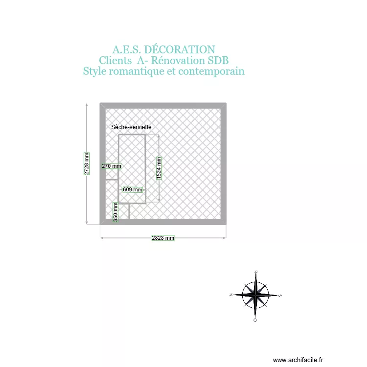 Mur II en c&eacute;ramique avec  s&egrave;che-serviette. Plan de 
