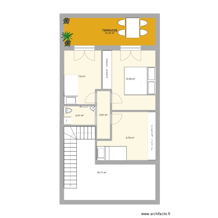 1er etage terrasse V2. Plan de 7 pièces et 63 m2