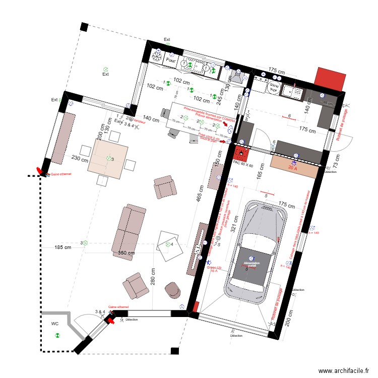 Elec partie jour. Plan de 2 pièces et 37 m2