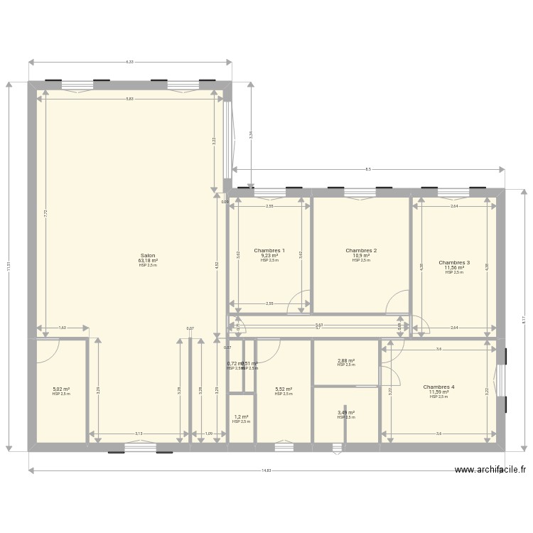 maison plain pied 120m2 sans dimension braddy ONGONE . Plan de 12 pièces et 126 m2