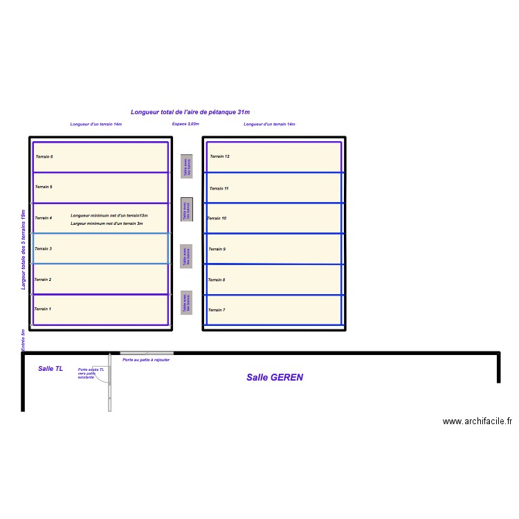 Implantation de 12 terrains de pétanque. Plan de 35 pièces et 129 m2
