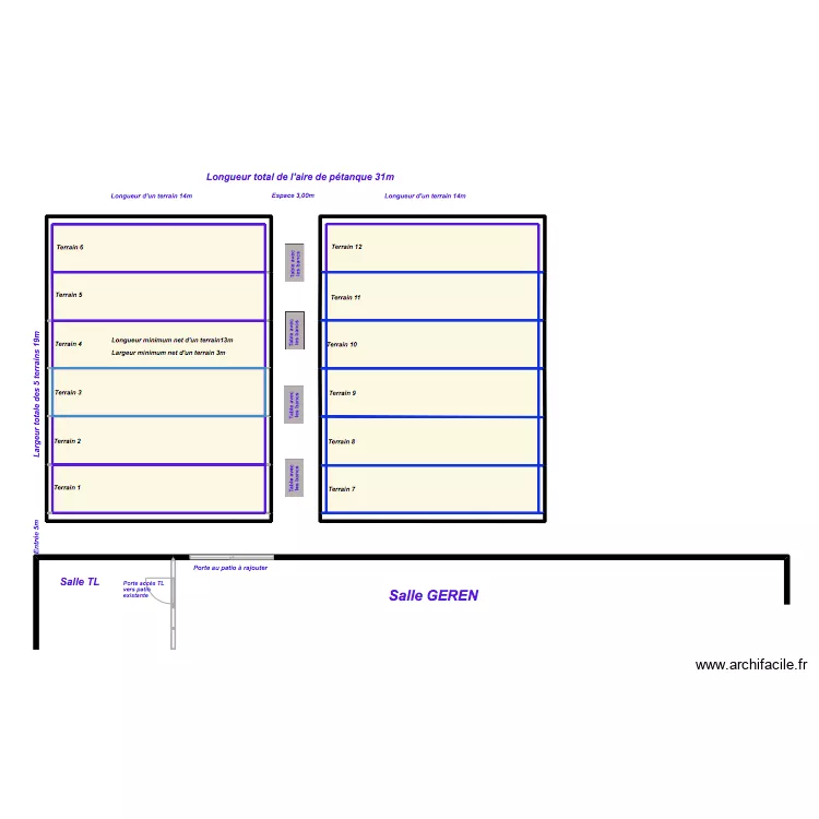 Implantation de 12 terrains de p&eacute;tanque. Plan de 