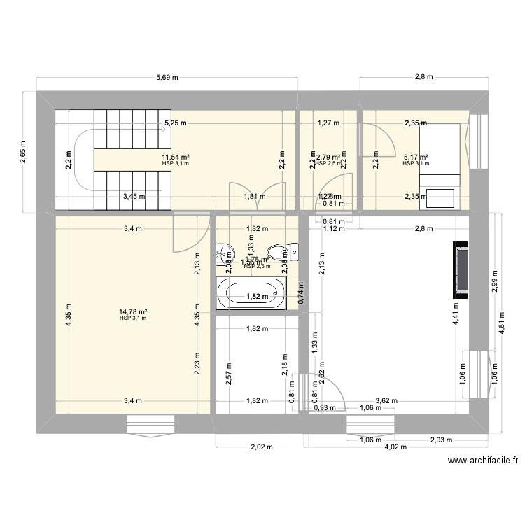 damp. Plan de 5 pièces et 38 m2