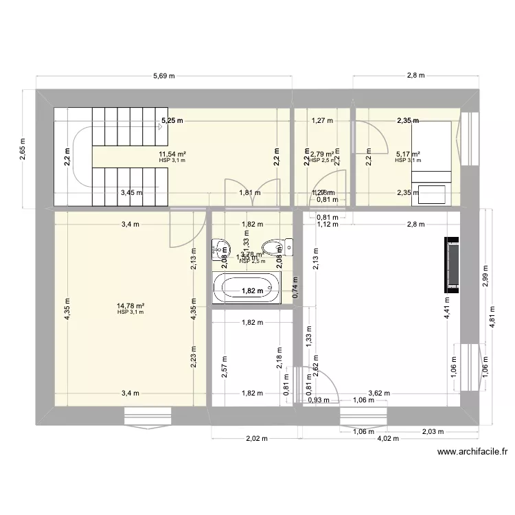 damp. Plan de 5  et 38 m²