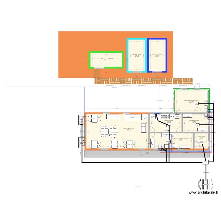 Terrassement container restaurant. Plan de 10 pièces et 156 m2