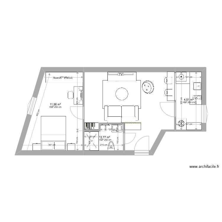 plan de base neria modifié. Plan de 3 pièces et 19 m2