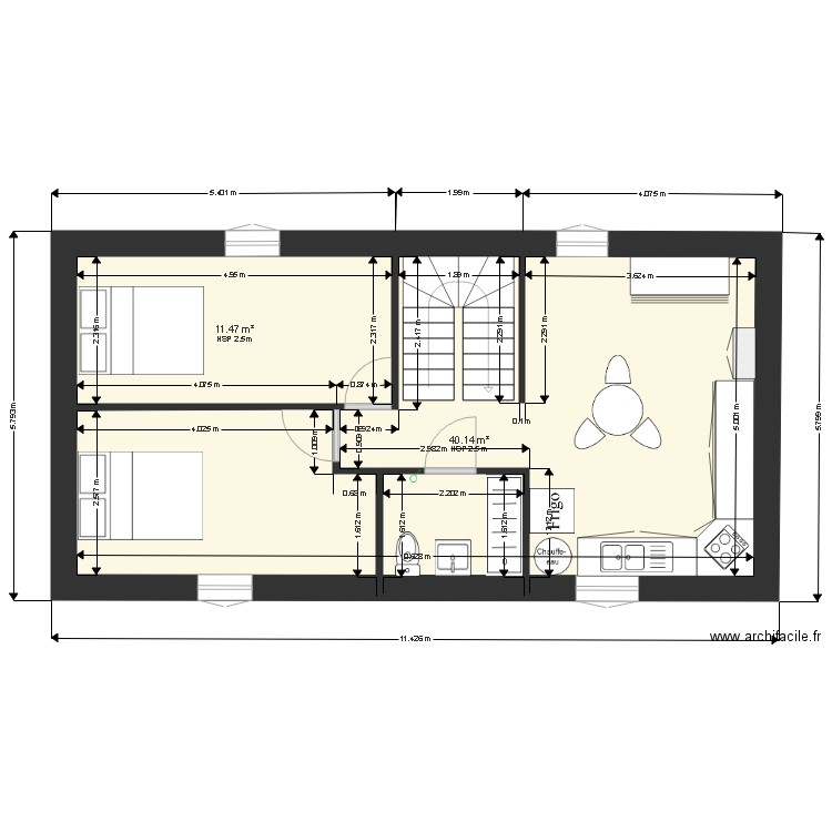 1 etage installation meubles et sanitaires . Plan de 2 pièces et 52 m2