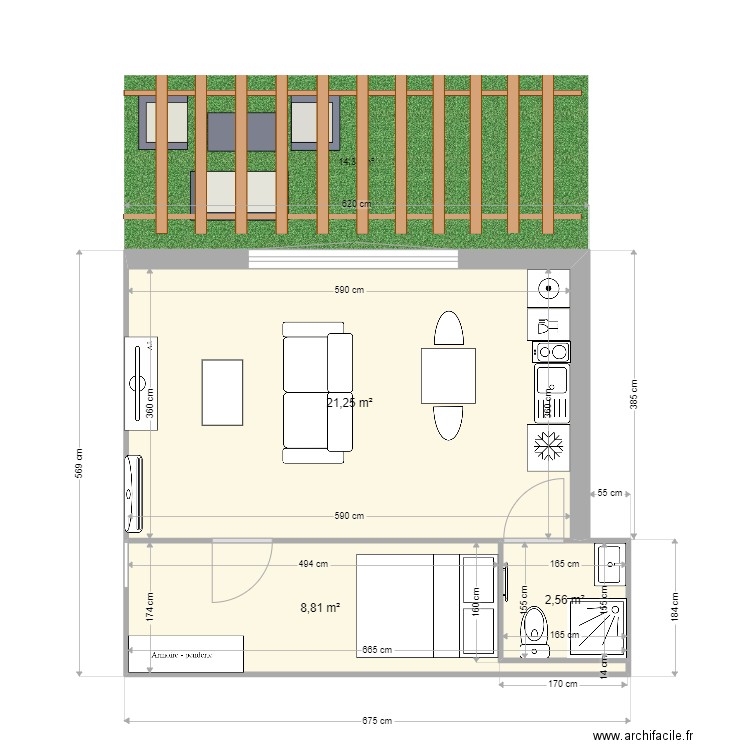 f2 bleu berre . Plan de 3 pièces et 33 m2