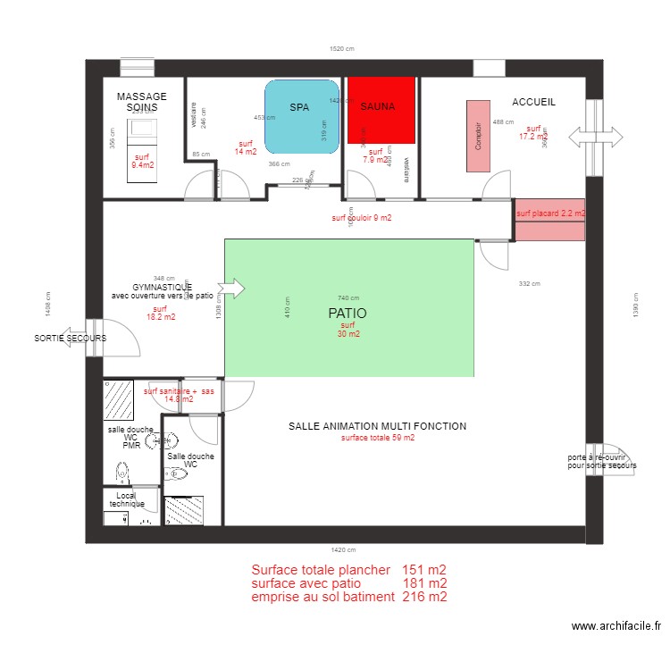 ESPACE BIEN ETRE implantation actuelle avec cotation. Plan de 0 pièce et 0 m2