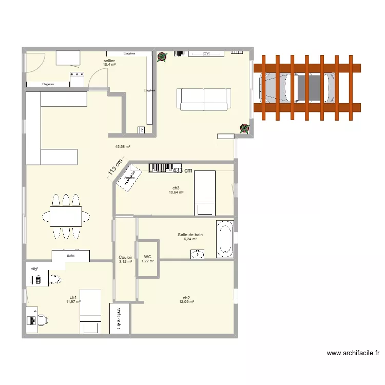 Maison 3 ch V1. Plan de 