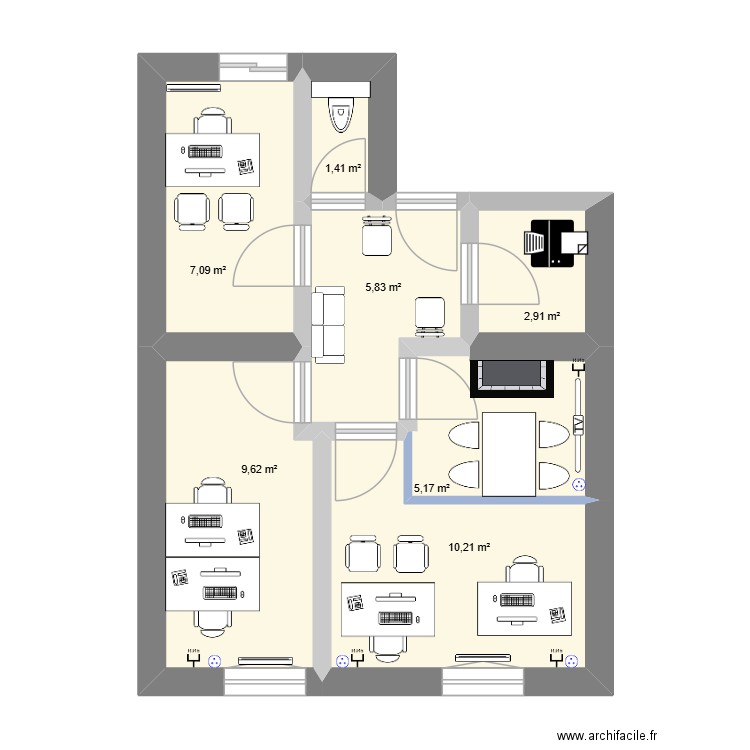 après travaux. Plan de 7 pièces et 42 m2