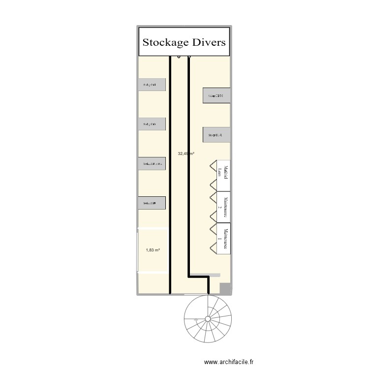 Mezzanine. Plan de 2 pièces et 34 m2