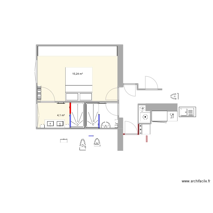 Salle de bain chambre7. Plan de 2 pièces et 19 m2