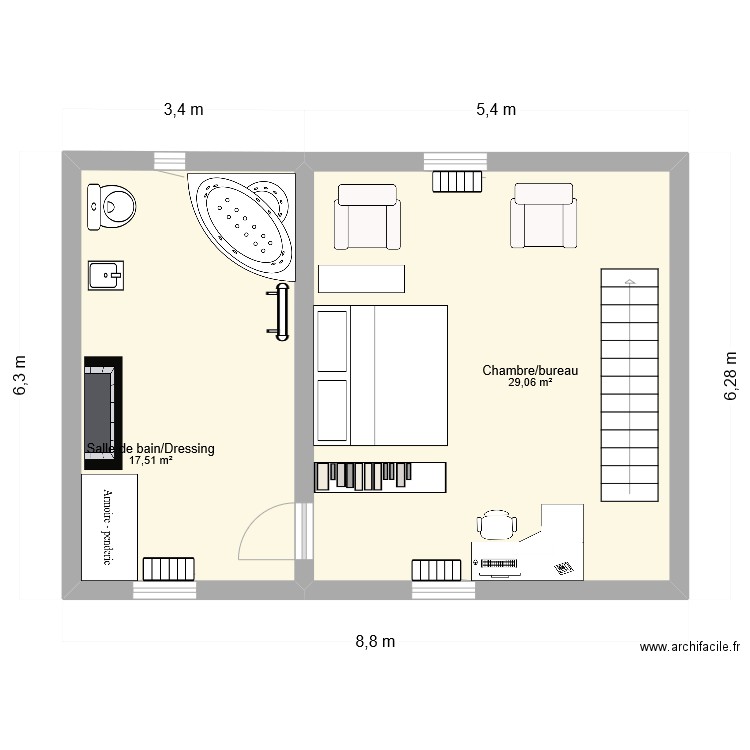 Etage. Plan de 2 pièces et 47 m2