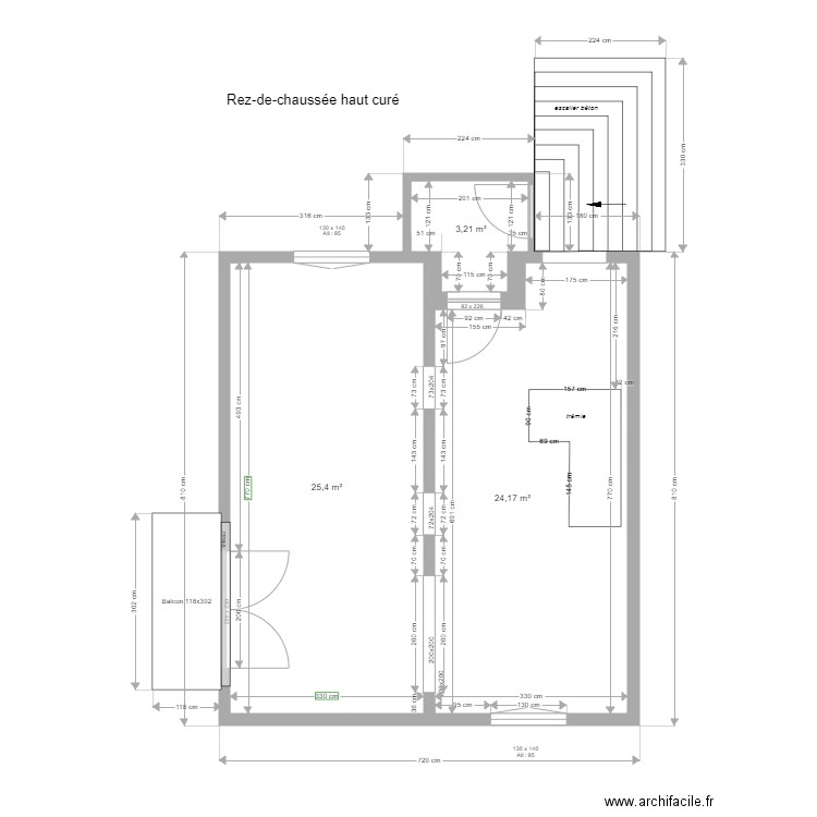 AJ RDCH curé. Plan de 3 pièces et 53 m2