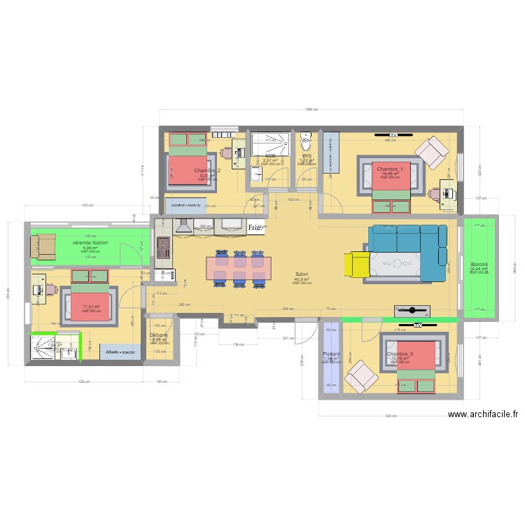 Projet coloc 36 square des hauts de chalais_Projeté. Plan de 12 pièces et 107 m2