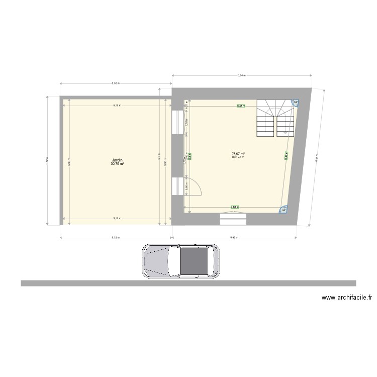 Saint Aubin Rdc jardin projection avec passage cotes extérieur. Plan de 2 pièces et 59 m2